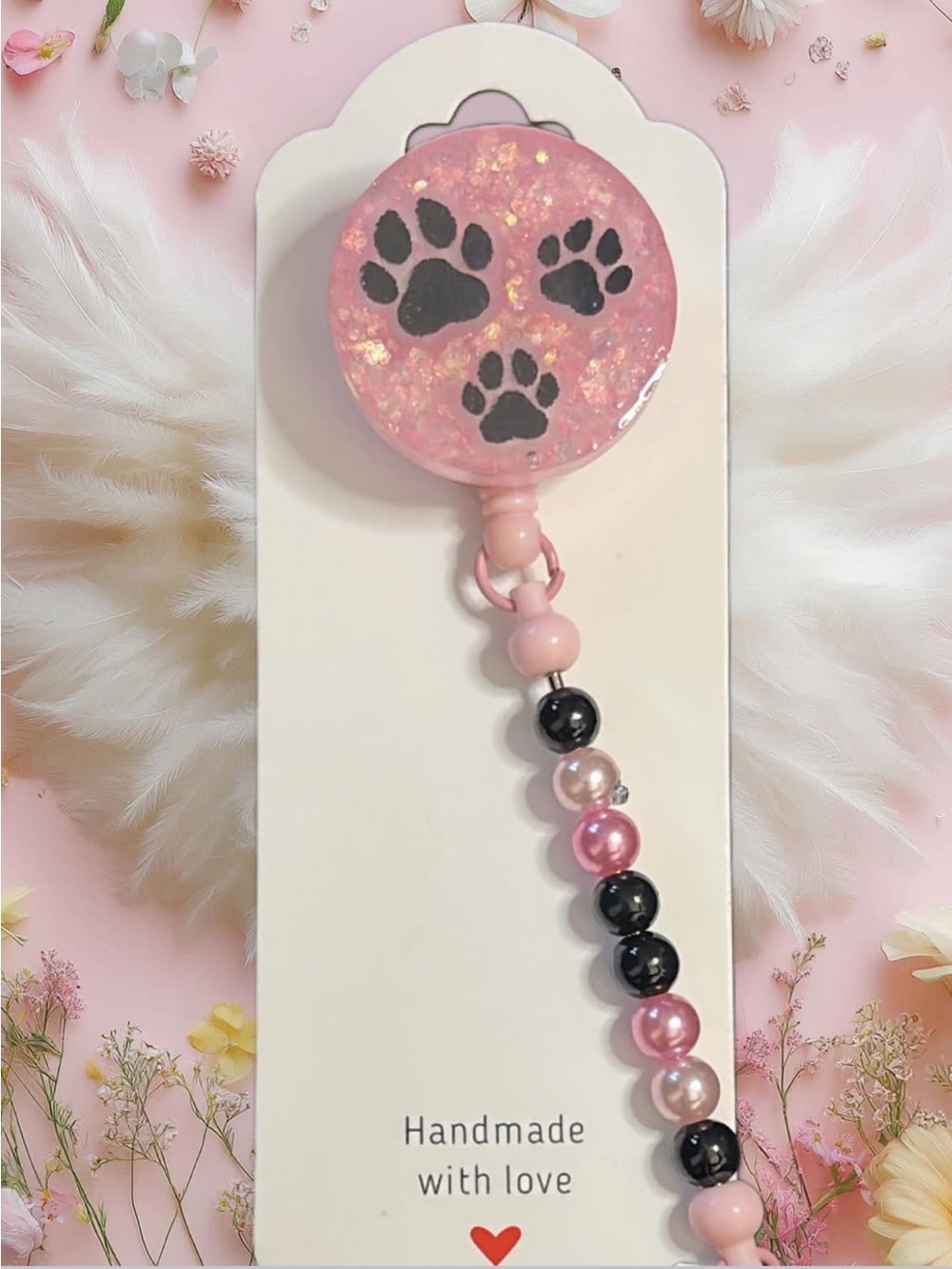 Pink Paw Print Badge Reel with Beaded Lanyard